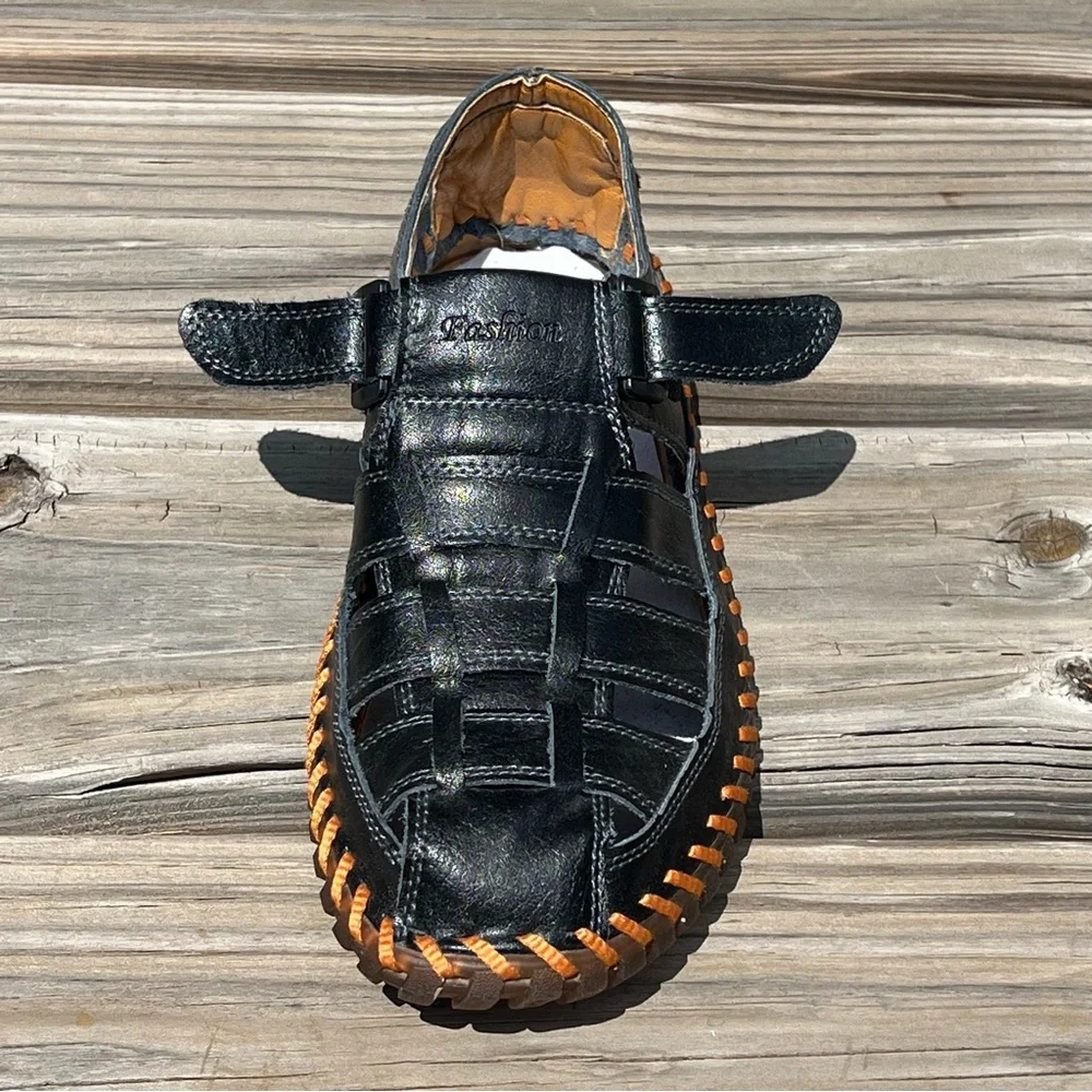 - Black Leather Sz 10 Fisherman Sandals! NEW!